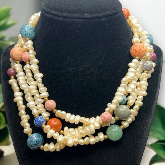 Vintage Double Strand Pearl & Gemstone Beaded Necklace Jade Jasper Amazonite etc - Picture 1 of 12